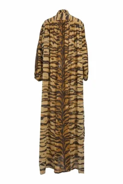 Brown cotton tiger print spread collar half-button Bangla maxi dress