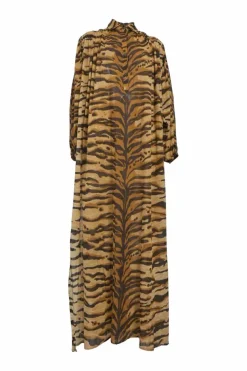Brown cotton tiger print spread collar half-button Bangla maxi dress