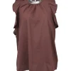 Brown cotton voile ruffled halter-neck top