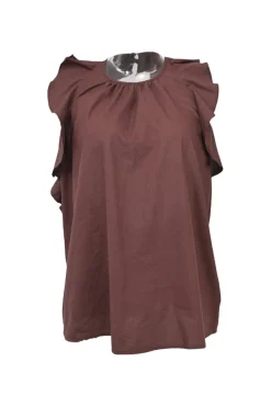Brown cotton voile ruffled halter-neck top