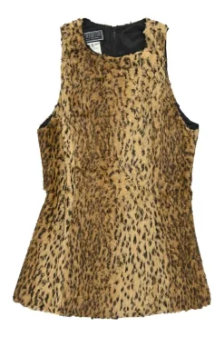 Brown cotton-blend leopard pile weave sleeveless peplum top