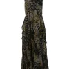 Brown crinkle abstract leopard print tiered halter-neck gown with adjustable nape-tie fastening and scoop back