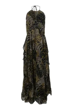 Brown crinkle abstract leopard print tiered halter-neck gown with adjustable nape-tie fastening and scoop back