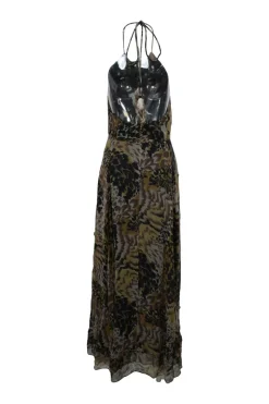 Brown crinkle abstract leopard print tiered halter-neck gown with adjustable nape-tie fastening and scoop back