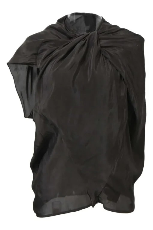 Brown draped polyester twist-front asymmetric top