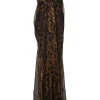 Brown draped silk ocelot leopard print strapless column gown with train