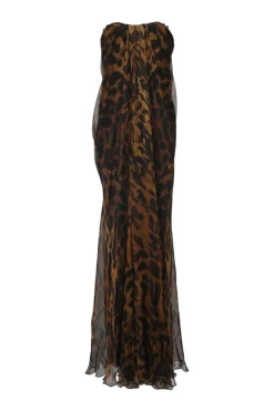 Brown draped silk ocelot leopard print strapless column gown with train