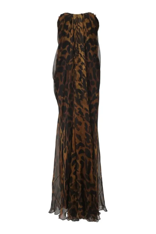 Brown draped silk ocelot leopard print strapless column gown with train