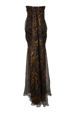 Brown draped silk ocelot leopard print strapless column gown with train