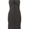 Brown draped silk plunge neck slip dress