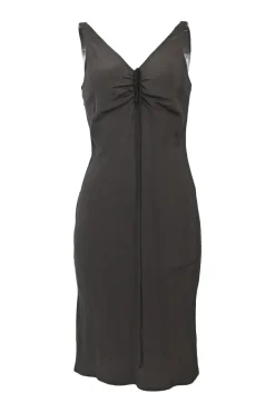 Brown draped silk plunge neck slip dress