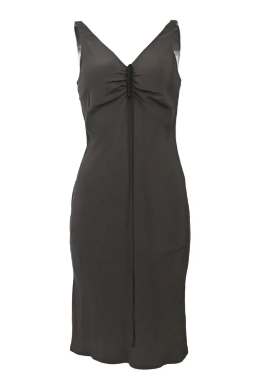 Brown draped silk plunge neck slip dress