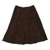 Brown embroidered suede pull-on A-line knee-length gored handkerchief skirt