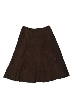 Brown embroidered suede pull-on A-line knee-length gored handkerchief skirt
