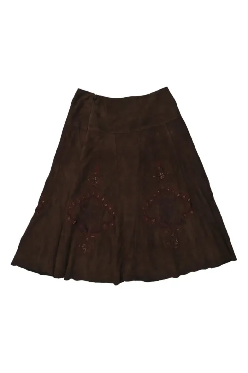 Brown embroidered suede pull-on A-line knee-length gored handkerchief skirt