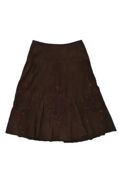 Brown embroidered suede pull-on A-line knee-length gored handkerchief skirt