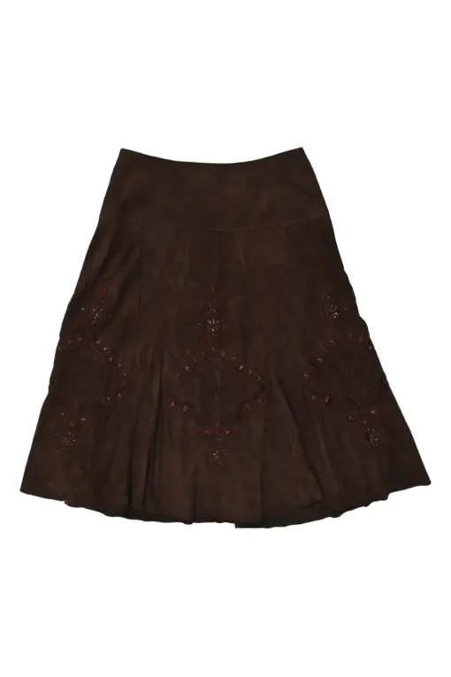 Brown embroidered suede pull-on A-line knee-length gored handkerchief skirt