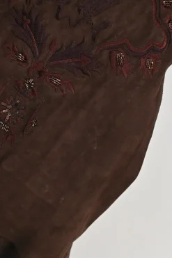 Brown embroidered suede pull-on A-line knee-length gored handkerchief skirt