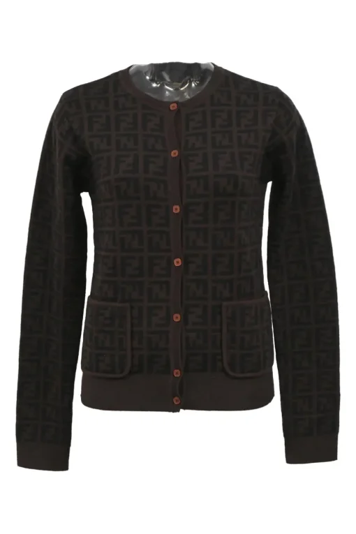 Brown fine merino wool Zucca FF logo-jacquard crewneck cardigan with patch pockets