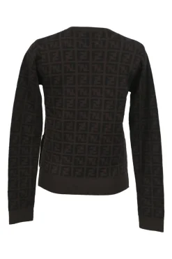 Brown fine merino wool Zucca FF logo-jacquard crewneck cardigan with patch pockets