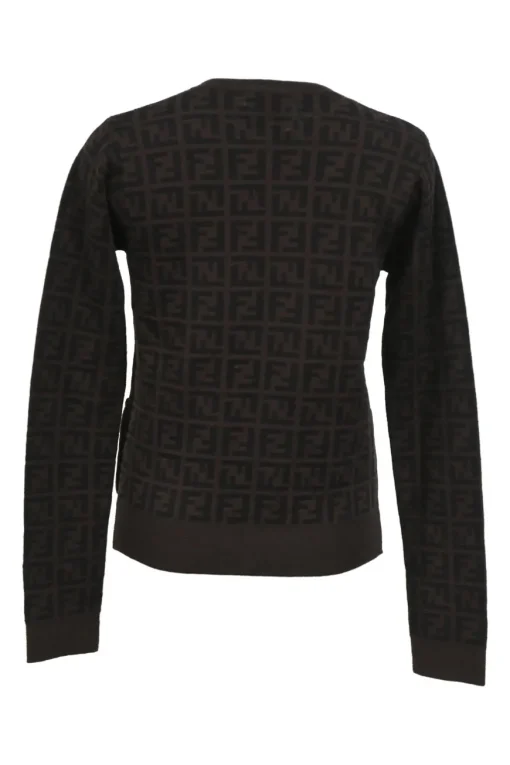 Brown fine merino wool Zucca FF logo-jacquard crewneck cardigan with patch pockets