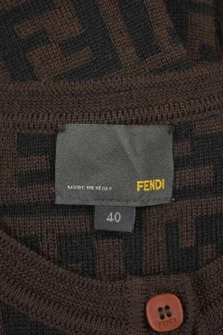 Brown fine merino wool Zucca FF logo-jacquard crewneck cardigan with patch pockets