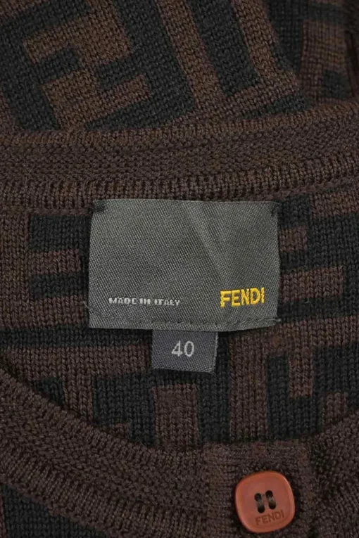 Brown fine merino wool Zucca FF logo-jacquard crewneck cardigan with patch pockets