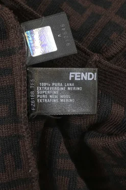 Brown fine merino wool Zucca FF logo-jacquard crewneck cardigan with patch pockets