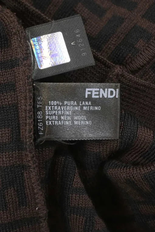 Brown fine merino wool Zucca FF logo-jacquard crewneck cardigan with patch pockets