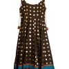 Brown foiled polka-dot print a line cocktail dress with colourful fabric covered pom-pom back tie and ribbon trim along sweep