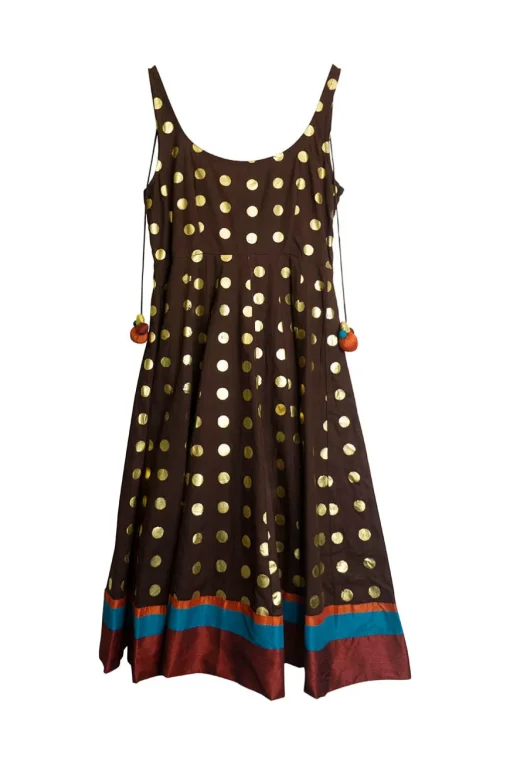 Brown foiled polka-dot print a line cocktail dress with colourful fabric covered pom-pom back tie and ribbon trim along sweep