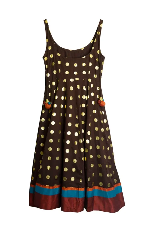 Brown foiled polka-dot print a line cocktail dress with colourful fabric covered pom-pom back tie and ribbon trim along sweep