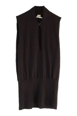 Brown funnel collar keyhole-front sleeveless knit top