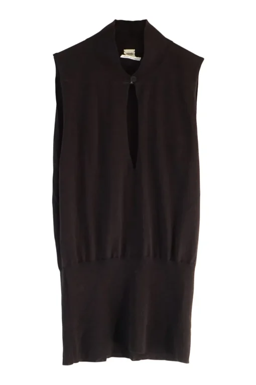 Brown funnel collar keyhole-front sleeveless knit top