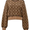 Brown horsebit-chain jacquard knit crewneck cropped sweater with gold-tone metal button detailing