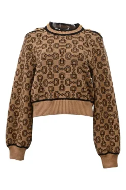 Brown horsebit-chain jacquard knit crewneck cropped sweater with gold-tone metal button detailing