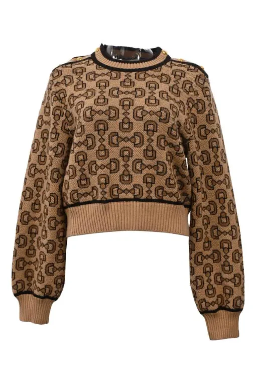 Brown horsebit-chain jacquard knit crewneck cropped sweater with gold-tone metal button detailing