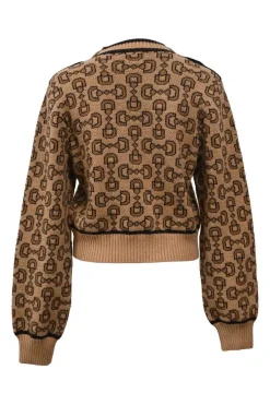 Brown horsebit-chain jacquard knit crewneck cropped sweater with gold-tone metal button detailing