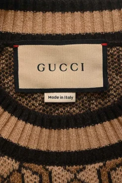 Brown horsebit-chain jacquard knit crewneck cropped sweater with gold-tone metal button detailing