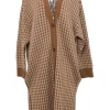 Brown houndstooth jacquard knit button-front oversized long cardigan