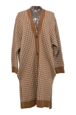 Brown houndstooth jacquard knit button-front oversized long cardigan