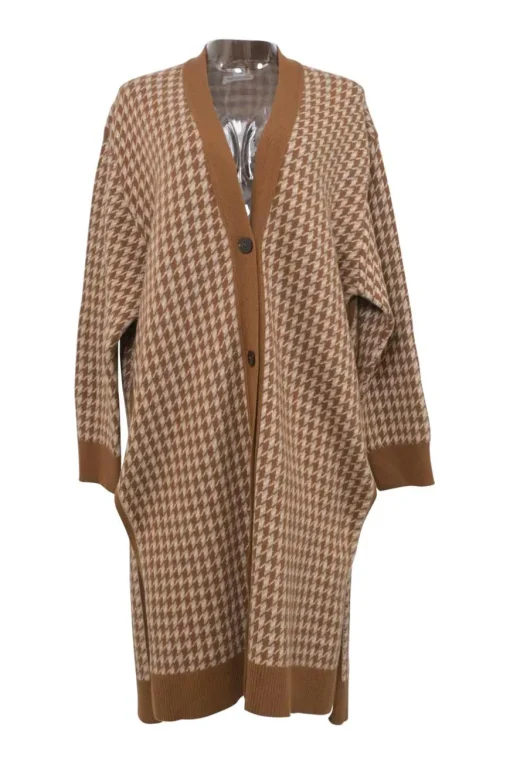 Brown houndstooth jacquard knit button-front oversized long cardigan