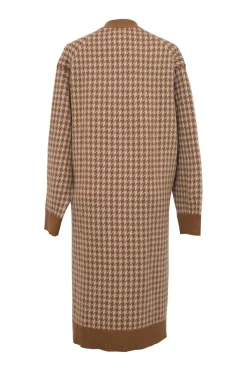 Brown houndstooth jacquard knit button-front oversized long cardigan