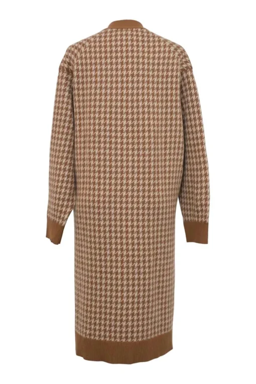 Brown houndstooth jacquard knit button-front oversized long cardigan