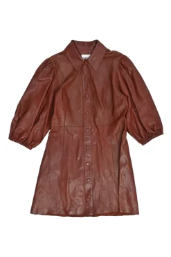 Brown lambskin point collar snap-front mini dress with half balloon sleeves