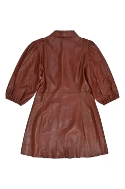 Brown lambskin point collar snap-front mini dress with half balloon sleeves