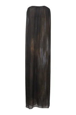 Brown layered silk abstract print strapless shift sack column gown
