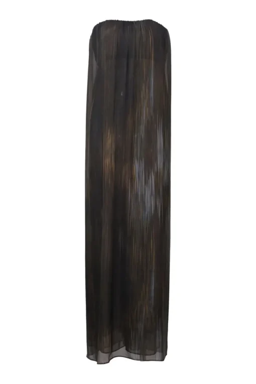 Brown layered silk abstract print strapless shift sack column gown