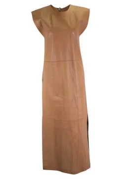 brown leather sleeveless maxi shift dress with plant print