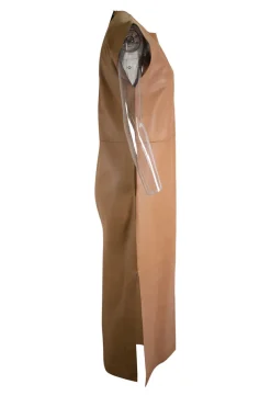 brown leather sleeveless maxi shift dress with plant print